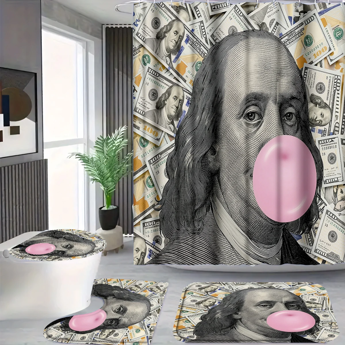 4Pcs Funny Benjamin Franklin Shower Curtain Set with Hooks, Money Background Blowing Bubble Print Waterproof Mildew Resistant Fabric Bath Mat for Family Bathroom Home Decor
4Pcs Funny Benjamin Franklin Shower Curtain Set with Hooks, Money Background Blowing Bubble Print Waterproof Mildew Resistant Fabric Bath Mat for Family Bathroom Home Decor