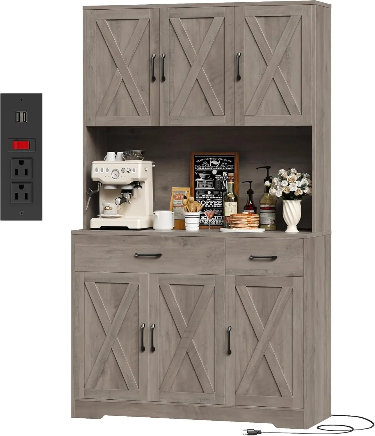 Tall Kitchen Cabinet with Charging Station, Farmhouse Hutch with Drawers, Ash Grey Storage for Living Room, Dining Room
Tall Kitchen Cabinet with Charging Station, Farmhouse Hutch with Drawers, Ash Grey Storage for Living Room, Dining Room