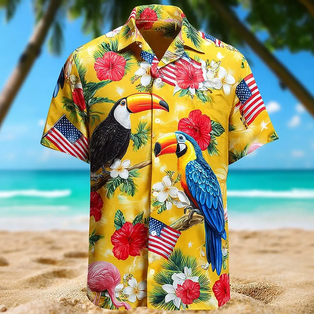 Men's Tropical Toucan & Flag Print Button Down Shirt, Casual Tops for Spring Summer Beachwear & Vacation Occasions
Men's Tropical Toucan & Flag Print Button Down Shirt, Casual Tops for Spring Summer Beachwear & Vacation Occasions