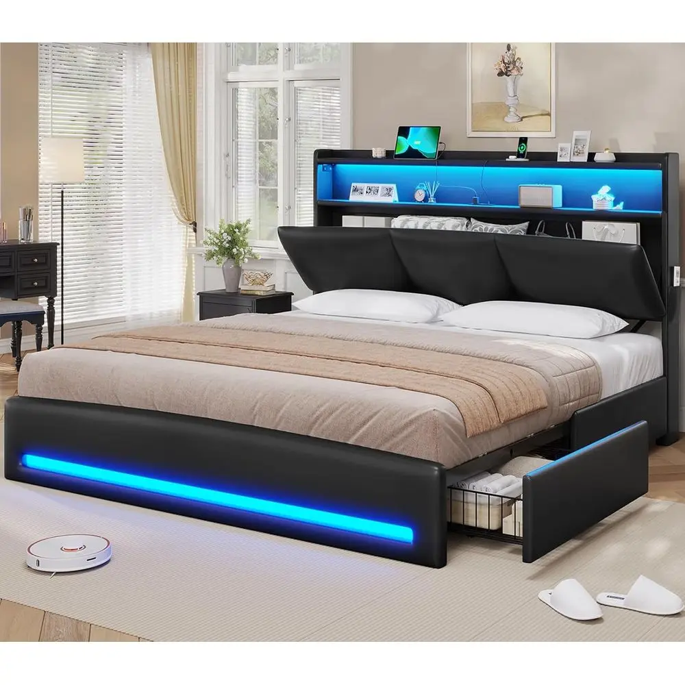 Leather King Bed with Storage, 4 Drawers, LED Lights, USB & Type C Ports, No Box Spring, Black
Leather King Bed with Storage, 4 Drawers, LED Lights, USB & Type C Ports, No Box Spring, Black
