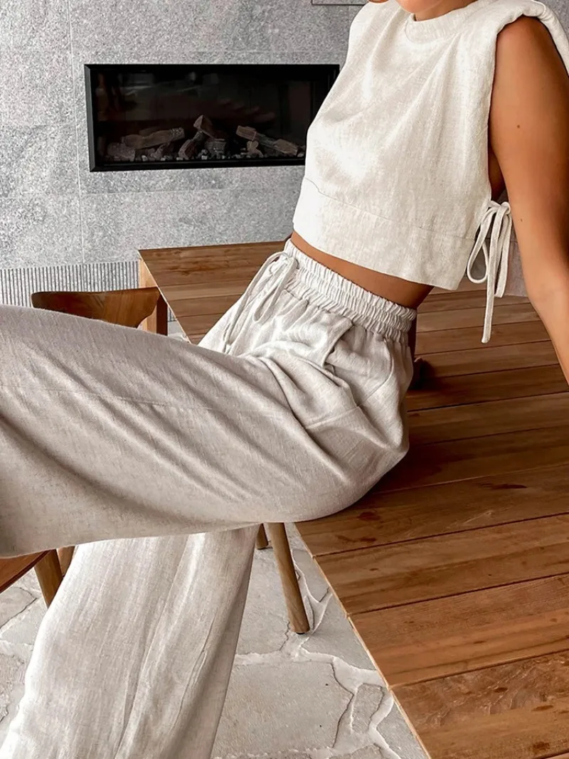 Women O-Neck Sleeveless Lacing Up Top And Pocket Pants Suits Spring Summer Casual Loose Solid Ladies Two Pieces Sets Streetwear
Women O-Neck Sleeveless Lacing Up Top And Pocket Pants Suits Spring Summer Casual Loose Solid Ladies Two Pieces Sets Streetwear