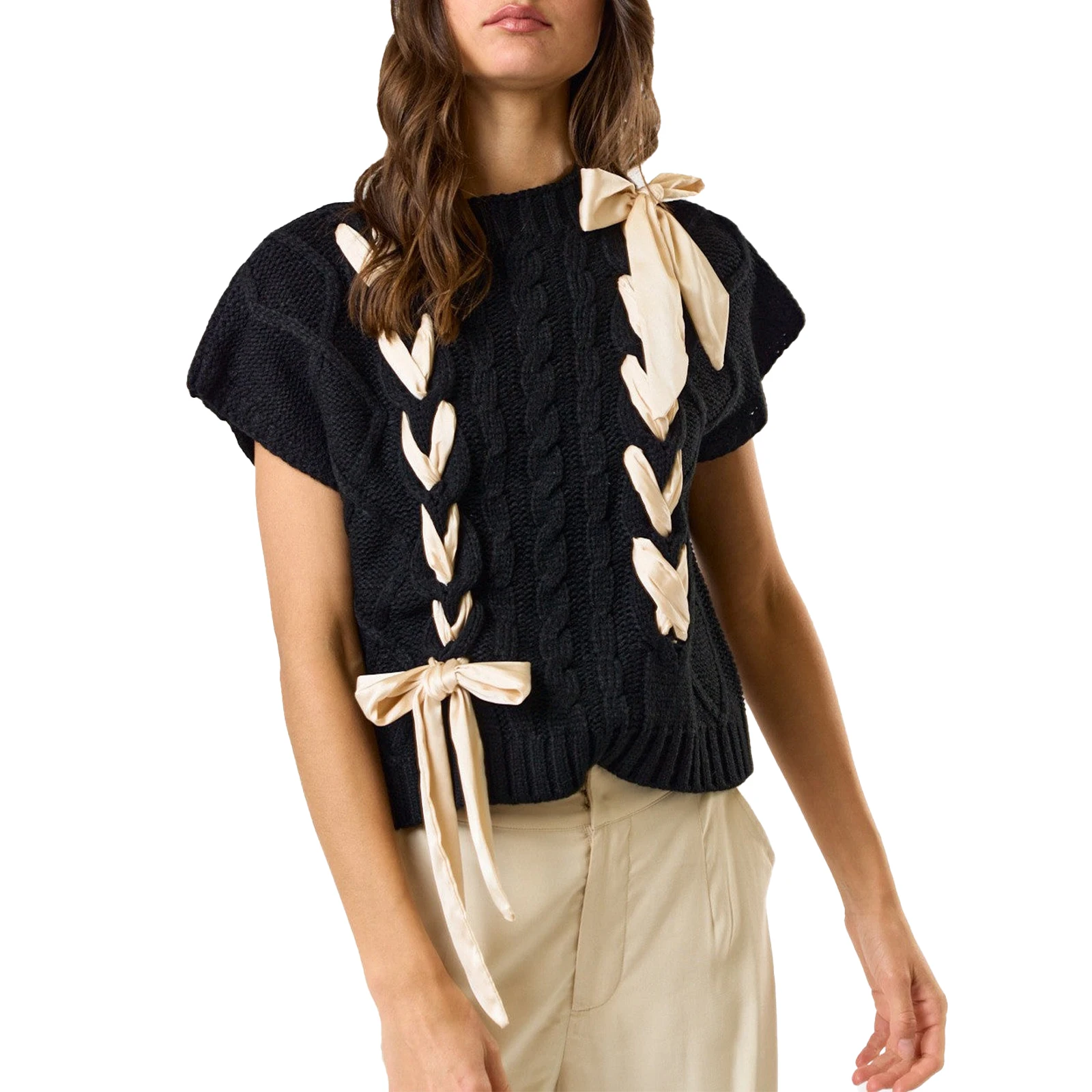 Women Ribbon Detail Sweater Top Fashion Streetwear Crew Neck Short Sleeve Pullovers Contrast Color Tie-up Tops knitwear
Women Ribbon Detail Sweater Top Fashion Streetwear Crew Neck Short Sleeve Pullovers Contrast Color Tie-up Tops knitwear