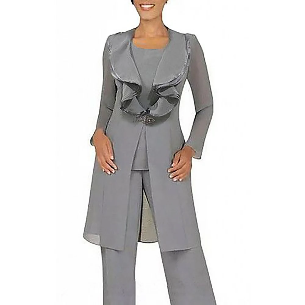 Mother Of The Bride Dresses with Pantsuits Ruffles Collar Silver Grey Outfit Set 3 Pieces Long Sleeves Groom Wedding Party Gowns
Mother Of The Bride Dresses with Pantsuits Ruffles Collar Silver Grey Outfit Set 3 Pieces Long Sleeves Groom Wedding Party Gowns