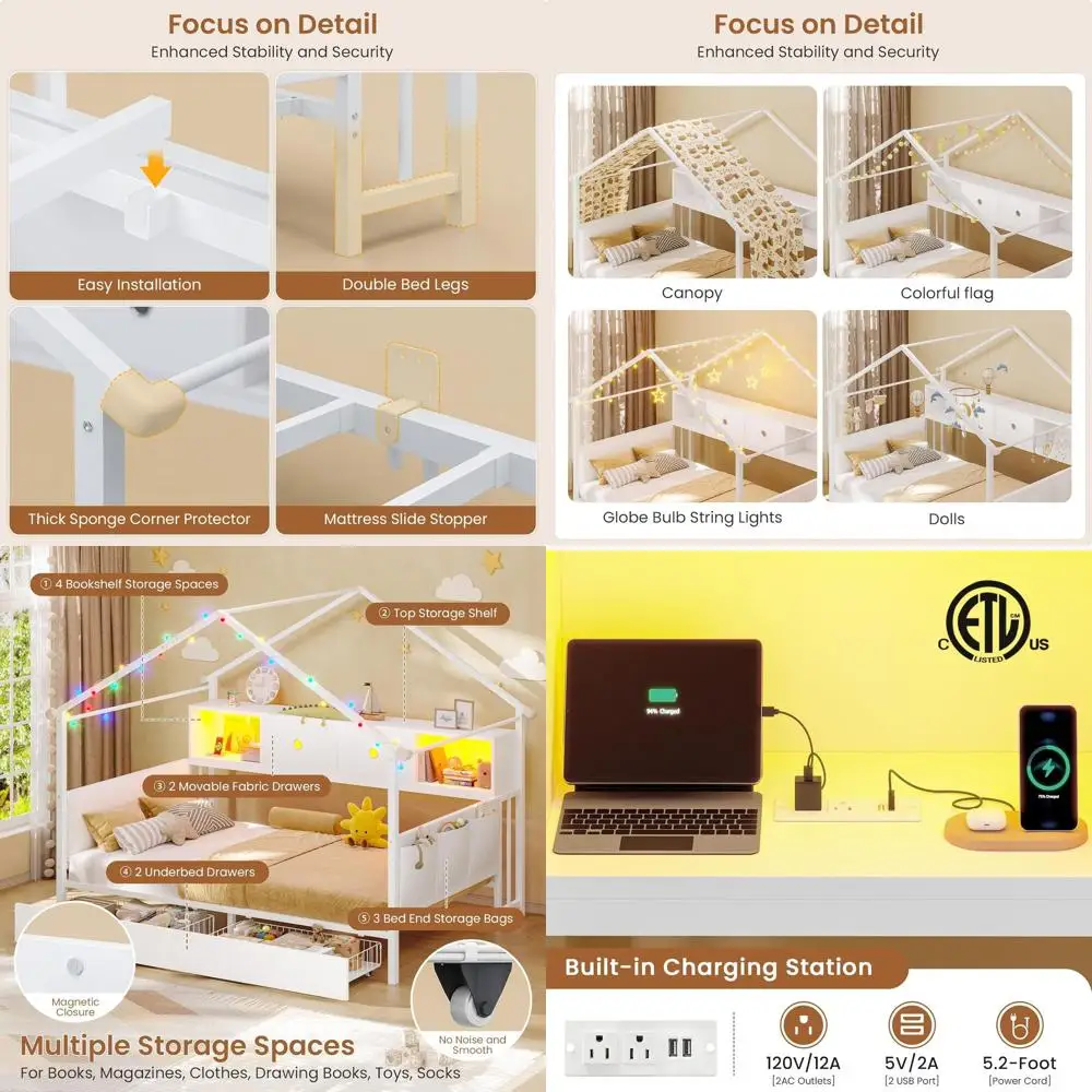 White Twin Bed with Storage Drawers, Bookcase, Charging Station, and LED Light for Kids and Teens
White Twin Bed with Storage Drawers, Bookcase, Charging Station, and LED Light for Kids and Teens