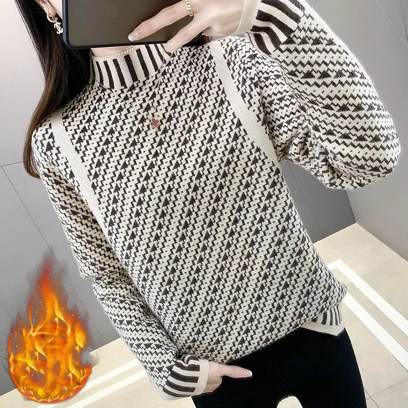 Women's Pullover Stripe Plaid Sweater Autumn and Winter Half High Collar Geometric Long Sleeve Slim Office Lady Knitted Tops
Women's Pullover Stripe Plaid Sweater Autumn and Winter Half High Collar Geometric Long Sleeve Slim Office Lady Knitted Tops