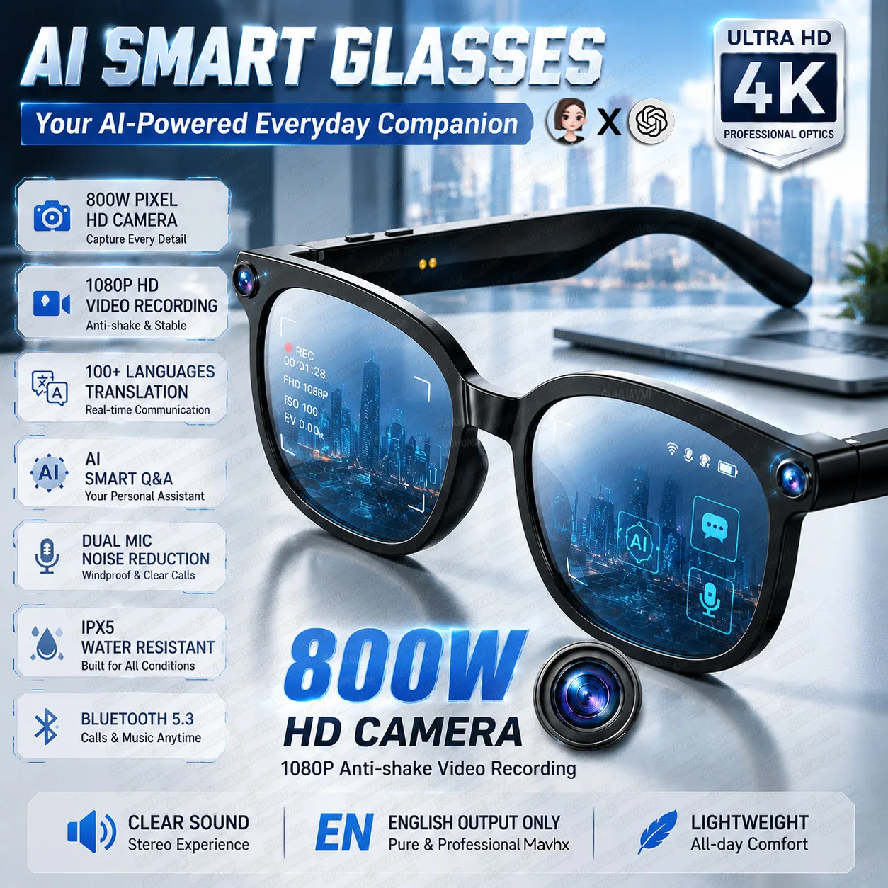 New Business 800W Pixel HD Camera Smart Glasses Men 1080P Video Recording Translation ChatGPT Dual-Mic Call&Music Glasses Women
New Business 800W Pixel HD Camera Smart Glasses Men 1080P Video Recording Translation ChatGPT Dual-Mic Call&Music Glasses Women