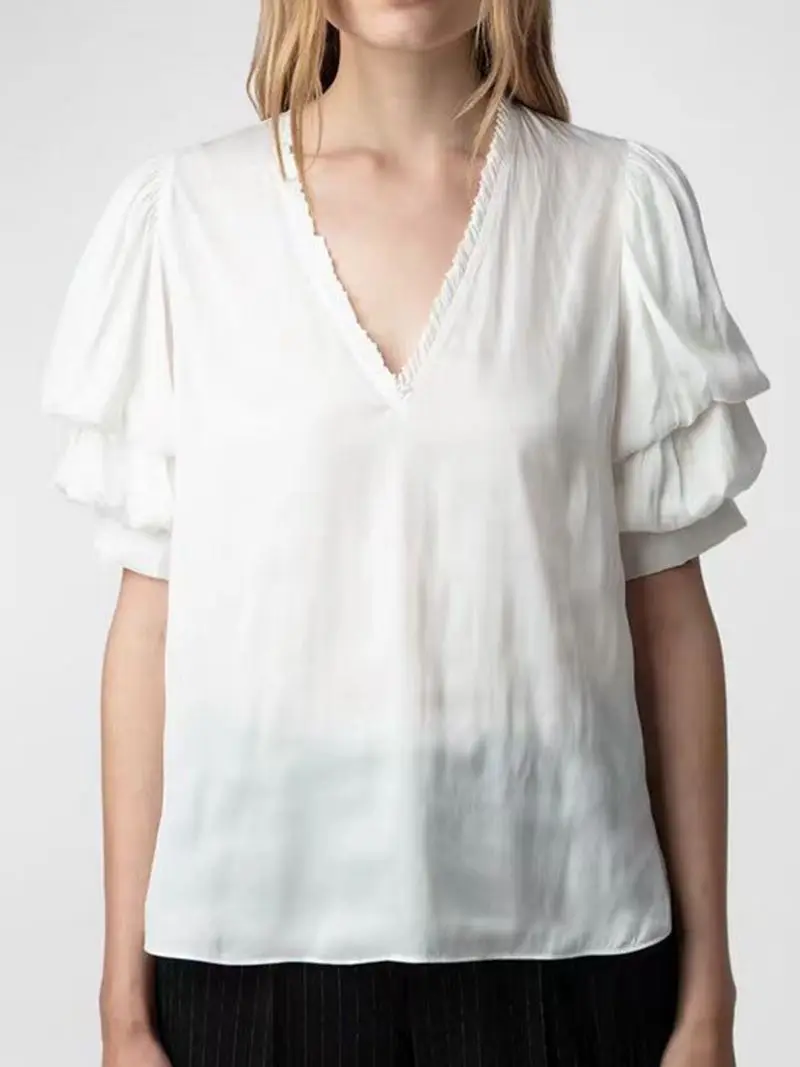 Shirt Women's Spring 2024 New Design Feeling Pile Sleeves White V-neck Short Sleeve Casual Top
Shirt Women's Spring 2024 New Design Feeling Pile Sleeves White V-neck Short Sleeve Casual Top