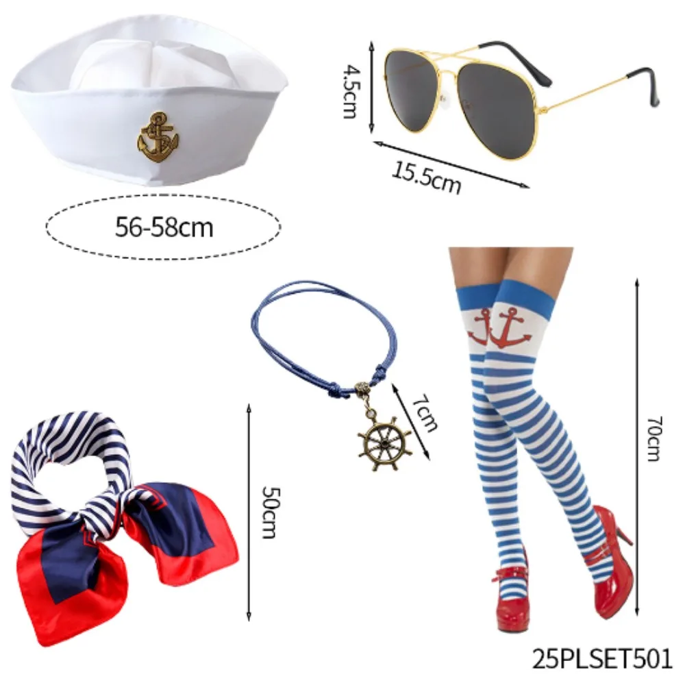 Sailor dress up sailor hat, scarf, anchor shaped pendant, earrings, gloves, and other accessories suitable for naval sailors
Sailor dress up sailor hat, scarf, anchor shaped pendant, earrings, gloves, and other accessories suitable for naval sailors