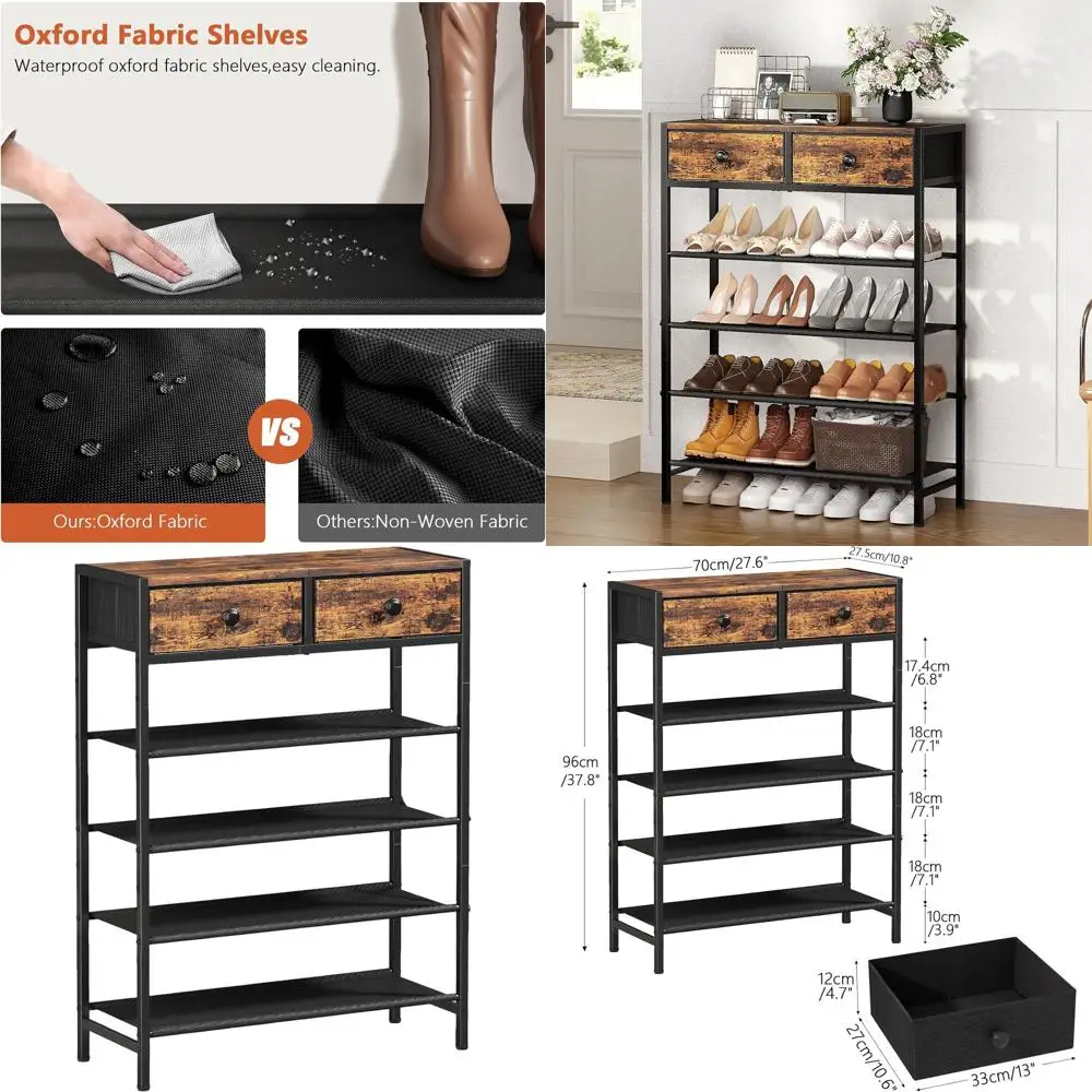 5-уровневая металлическая полка для обуви с 2 ящиками и тканевыми полками, вмещает 16–20 пар, деревянная столешница, коричневый в деревенском стиле для шкафа или прихожей
5-уровневая металлическая полка для обуви с 2 ящиками и тканевыми полками, вмещает 16–20 пар, деревянная столешница, коричневый в деревенском стиле для шкафа или прихожей