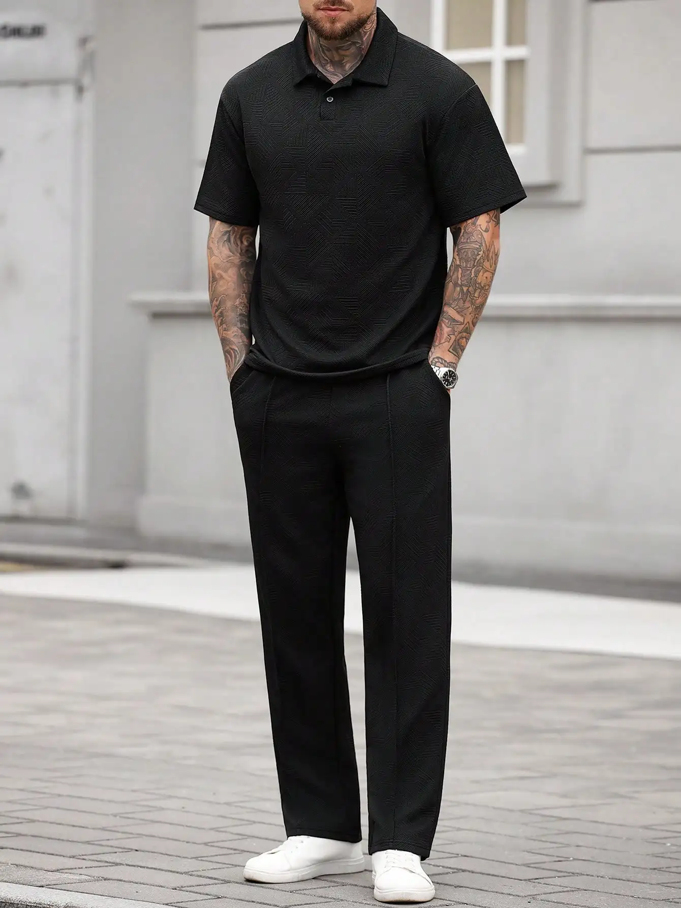 Men's Black Polo Shirt And Pants Set Casual Two Piece Outfit With Geometric Pattern
Men's Black Polo Shirt And Pants Set Casual Two Piece Outfit With Geometric Pattern