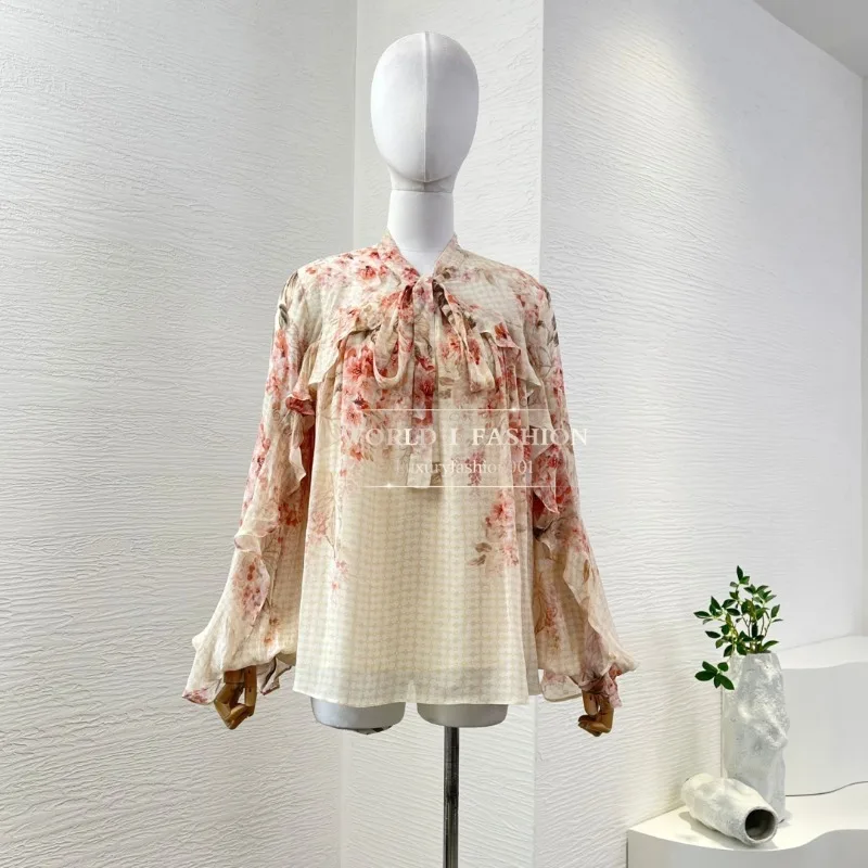 Brown black beige red floral print long sleeve ruffles blouse tops 2025 
Brown black beige red floral print long sleeve ruffles blouse tops 2025