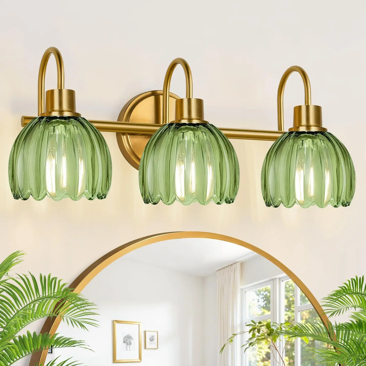 Brushed Gold 3-Light Vanity Light with Green Tulip Glass Shades for Bathroom
Brushed Gold 3-Light Vanity Light with Green Tulip Glass Shades for Bathroom