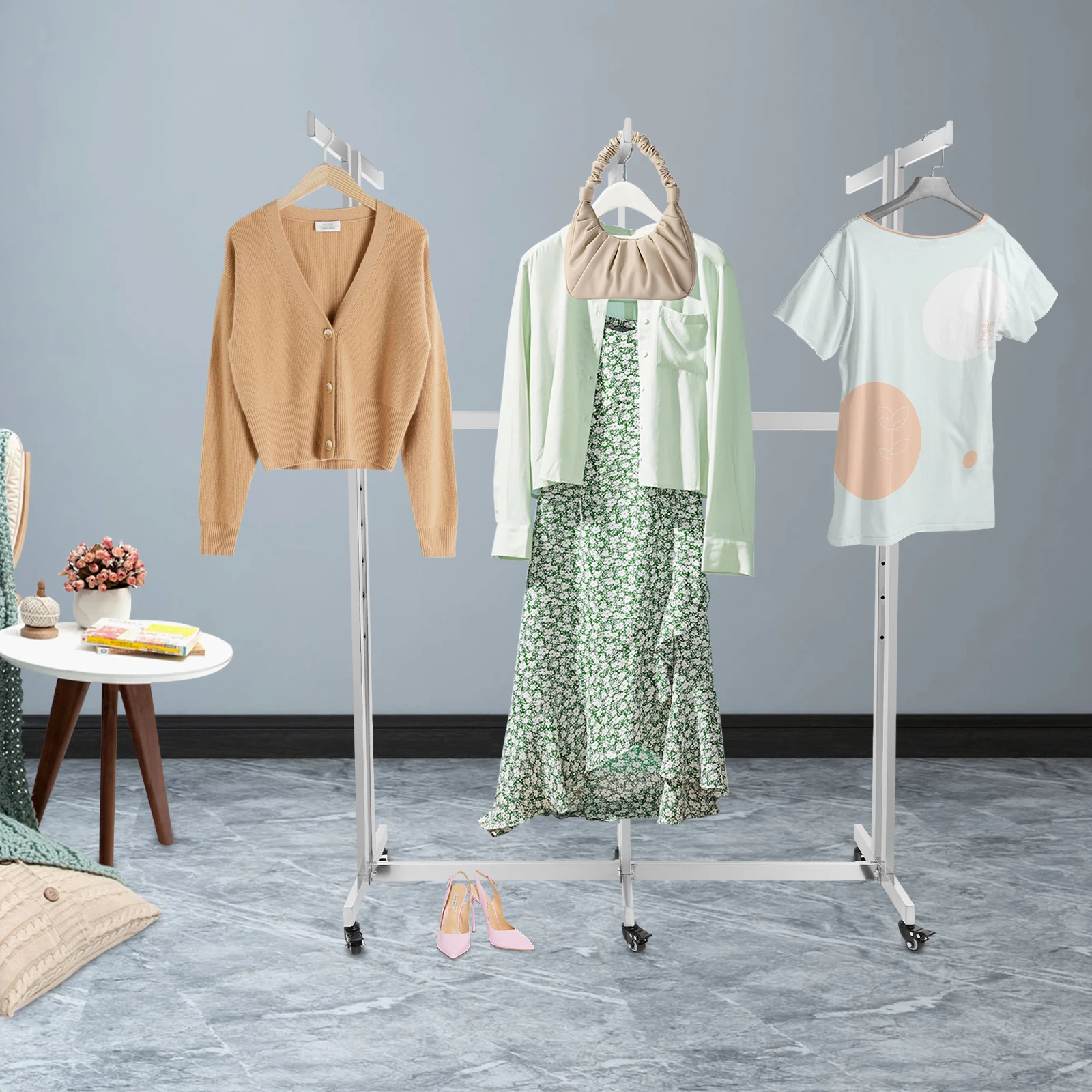 Silver Iron 116x50x(120-158)cm 6-arm Clothing Display Stand with Adjustable Height and Movable Clothes Rack with Wheels
Silver Iron 116x50x(120-158)cm 6-arm Clothing Display Stand with Adjustable Height and Movable Clothes Rack with Wheels