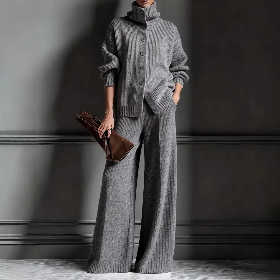 Turtleneck Ribbed Knit 2 Piece Set Button Front Cardigan High Waist Wide Leg Pants Women Soft Casual Loungewear Suit 260701
Turtleneck Ribbed Knit 2 Piece Set Button Front Cardigan High Waist Wide Leg Pants Women Soft Casual Loungewear Suit 260701