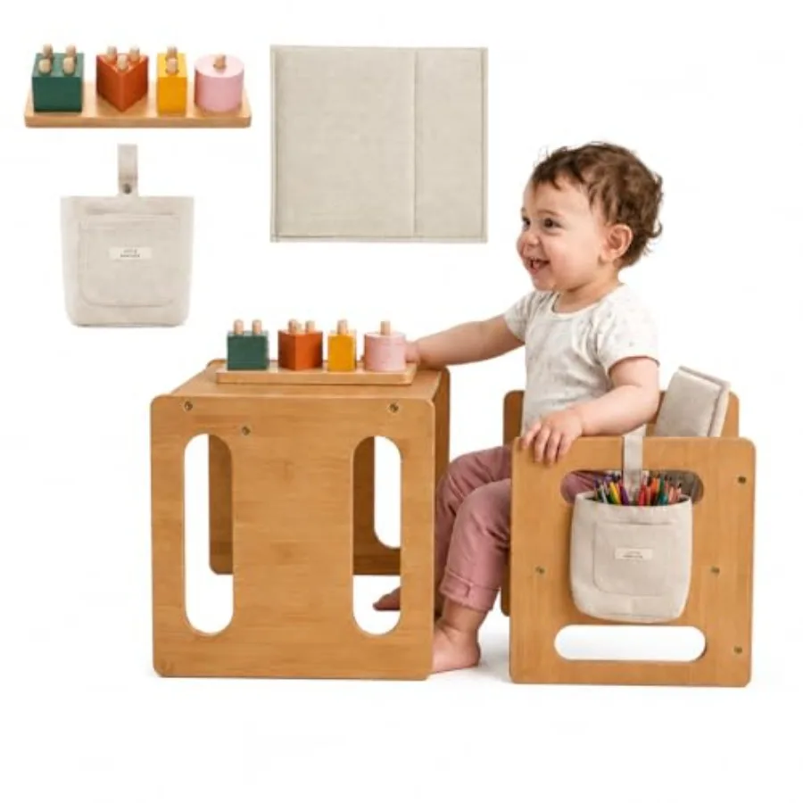 Montessori Weaning Table and Chair Set Desk and Activity Table with Flip Chair, Removable Cushion, Hanging Pouch and Toy, Conve
Montessori Weaning Table and Chair Set Desk and Activity Table with Flip Chair, Removable Cushion, Hanging Pouch and Toy, Conve
