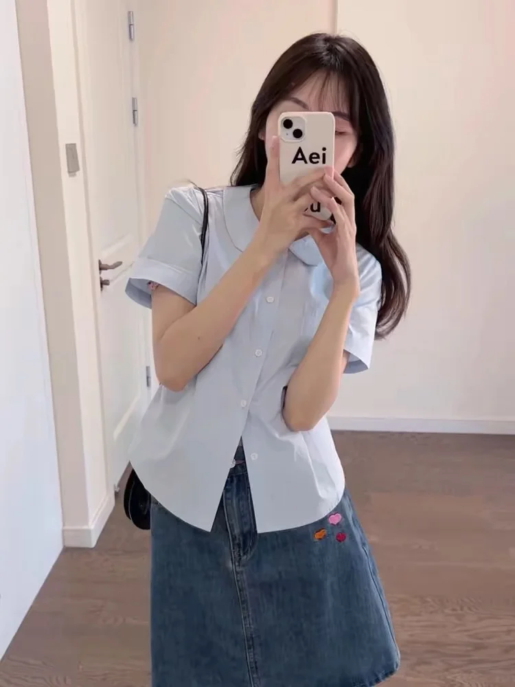 Шикарный антивозрастной синий ort Sve irt, весенне-летний дизайн, облегающий топ с кукольным воротником, женский корейский топ с прямой трубкой pe
Шикарный антивозрастной синий ort Sve irt, весенне-летний дизайн, облегающий топ с кукольным воротником, женский корейский топ с прямой трубкой pe