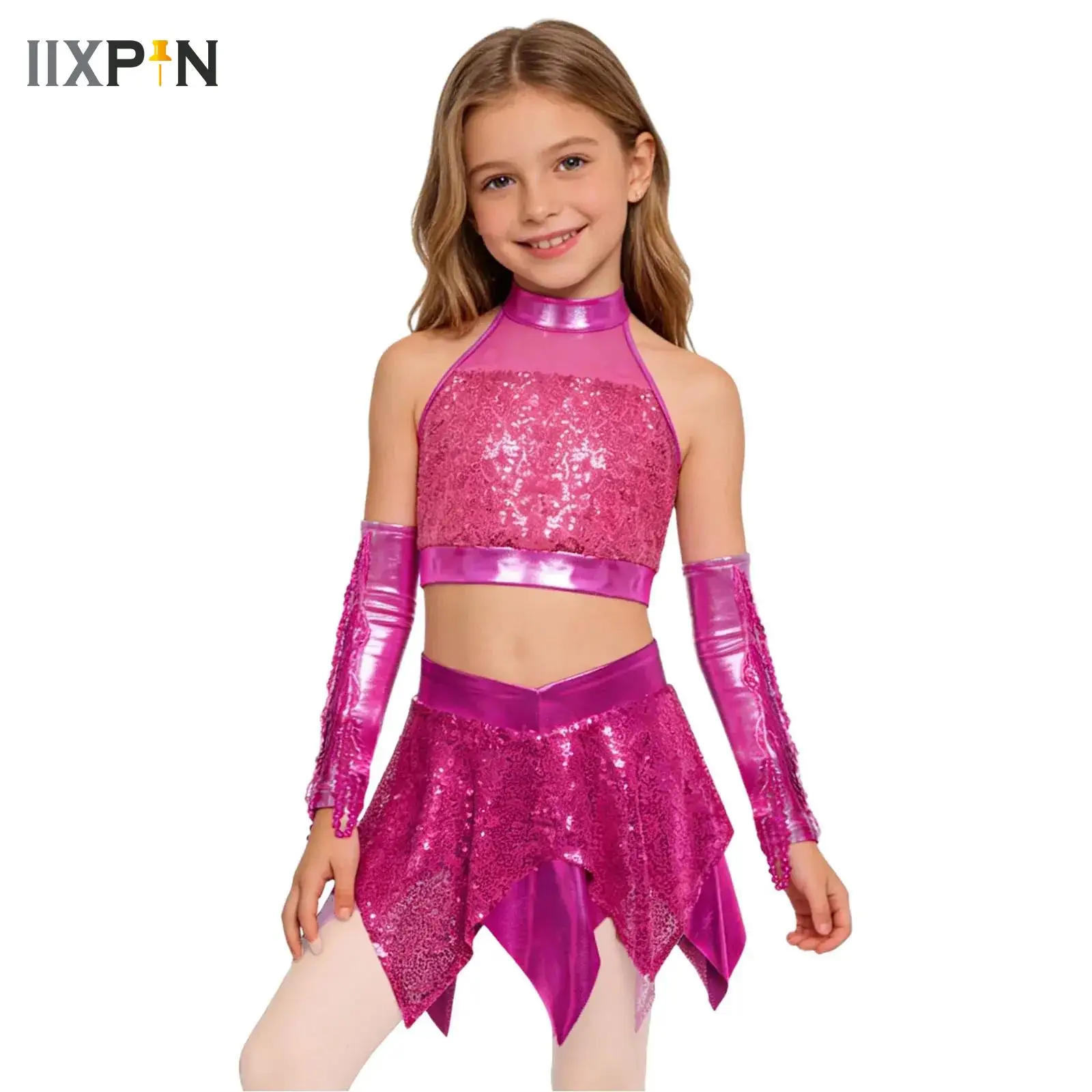Kids Girls Modern Latin Jazz Dancing Practice Costume Sequin Crop Top Skirts with Arm Sleeves Clothes Suit Performance Set
Kids Girls Modern Latin Jazz Dancing Practice Costume Sequin Crop Top Skirts with Arm Sleeves Clothes Suit Performance Set