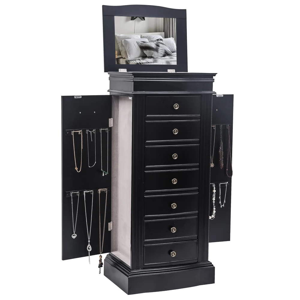 Jewelry Armoire with Mirror, 7 Drawers & 24 Necklace Hooks, 2 Side Swing Doors(Black)
Jewelry Armoire with Mirror, 7 Drawers & 24 Necklace Hooks, 2 Side Swing Doors(Black)