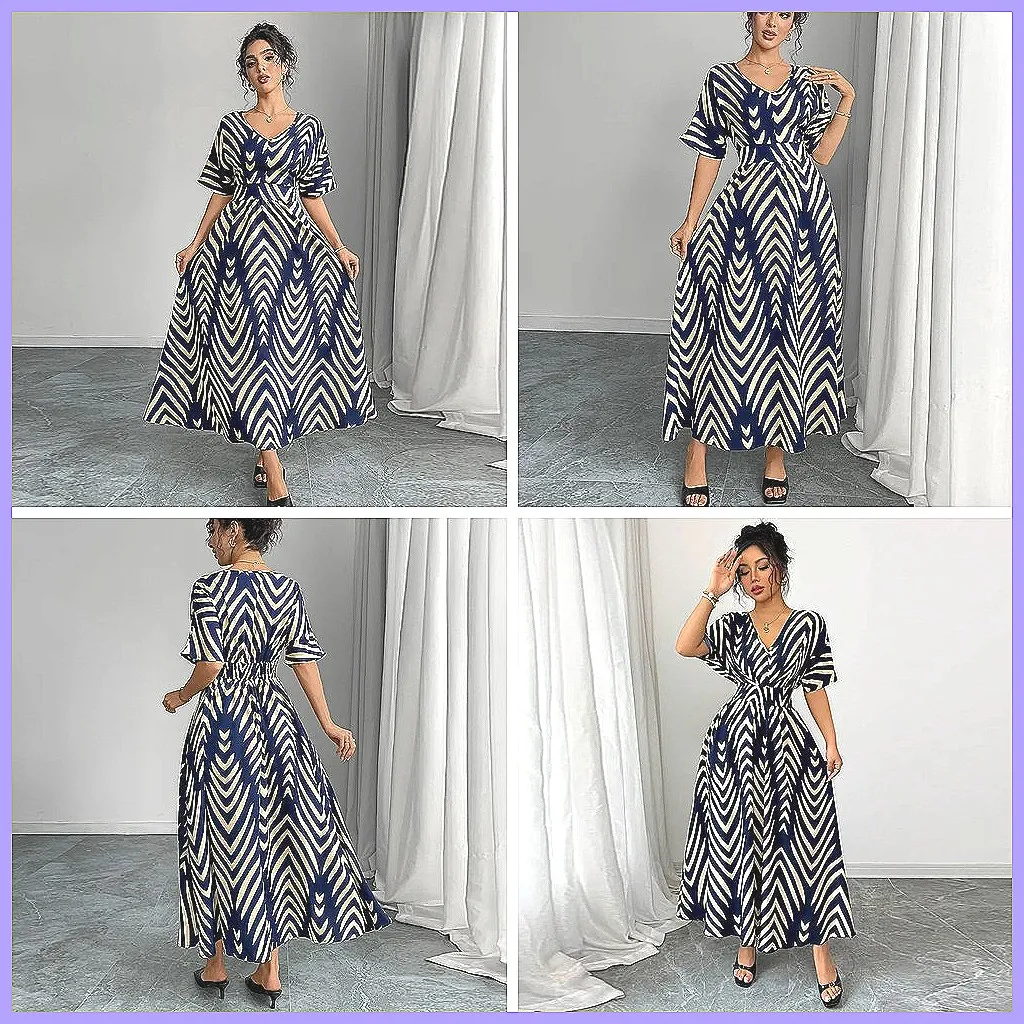 Women's Summer Dress with Belt, V-Neck Short Sleeve Elegant Party Dress, Comfortable Waist Wide Stripe Printing (Characters: 78)
Women's Summer Dress with Belt, V-Neck Short Sleeve Elegant Party Dress, Comfortable Waist Wide Stripe Printing (Characters: 78)
