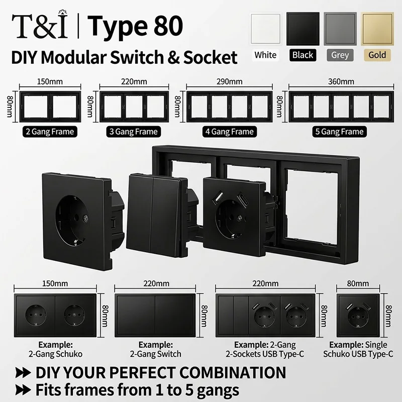 80x80mm EU Power Socket – Built-in USB-C Fast Charging Ports, 16A 250V, Single/Double Gang Light Switch, Flush Mount Black Plate
80x80mm EU Power Socket – Built-in USB-C Fast Charging Ports, 16A 250V, Single/Double Gang Light Switch, Flush Mount Black Plate