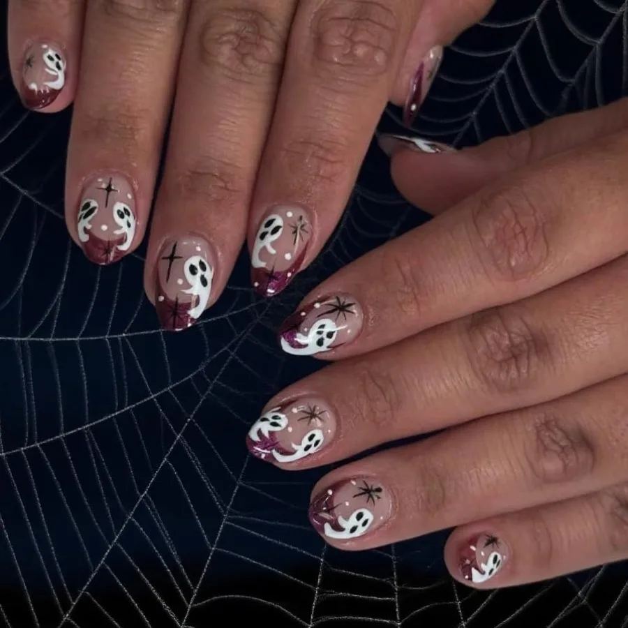 Halloween press-on short oval false nails red French with cute ghost star design false nails suitable for women girls Halloween
Halloween press-on short oval false nails red French with cute ghost star design false nails suitable for women girls Halloween