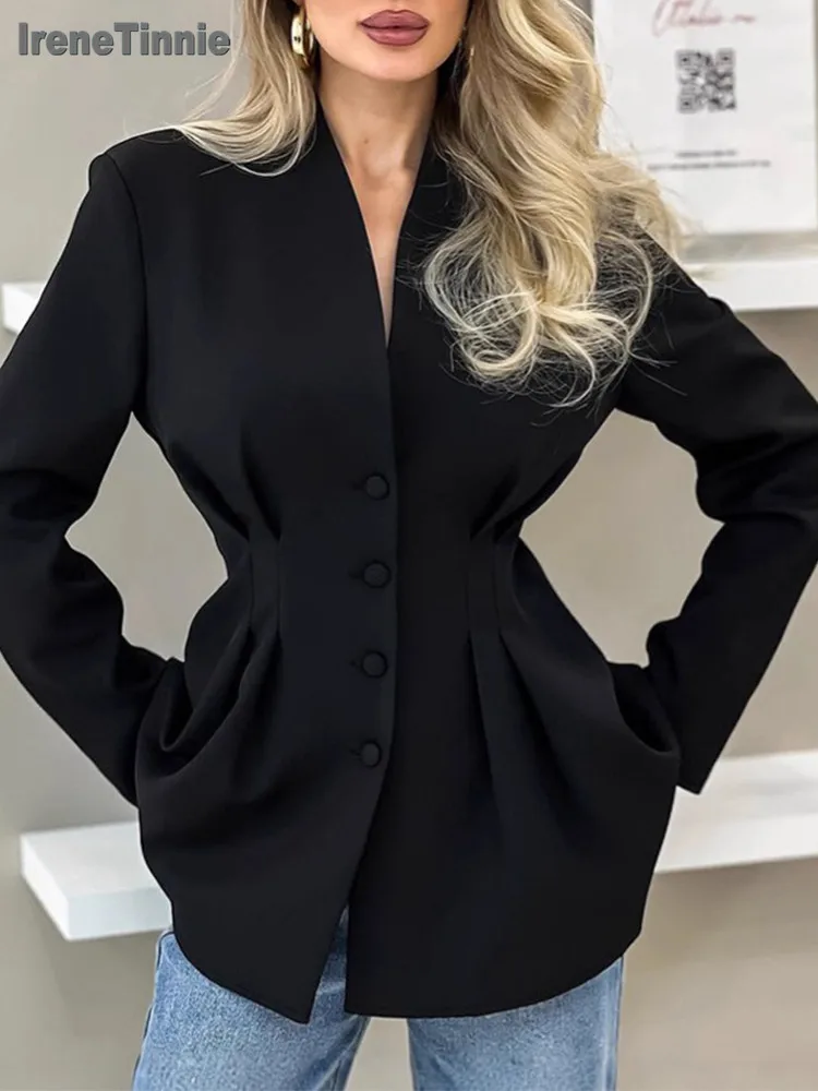 IRENE TINNIE Элегантные туники с v-образным вырезом, черный костюм, 2025 г., женские однобортные тонкие пиджаки с длинными рукавами, верхняя одежда с рюшами, уличная одежда
IRENE TINNIE Элегантные туники с v-образным вырезом, черный костюм, 2025 г., женские однобортные тонкие пиджаки с длинными рукавами, верхняя одежда с рюшами, уличная одежда