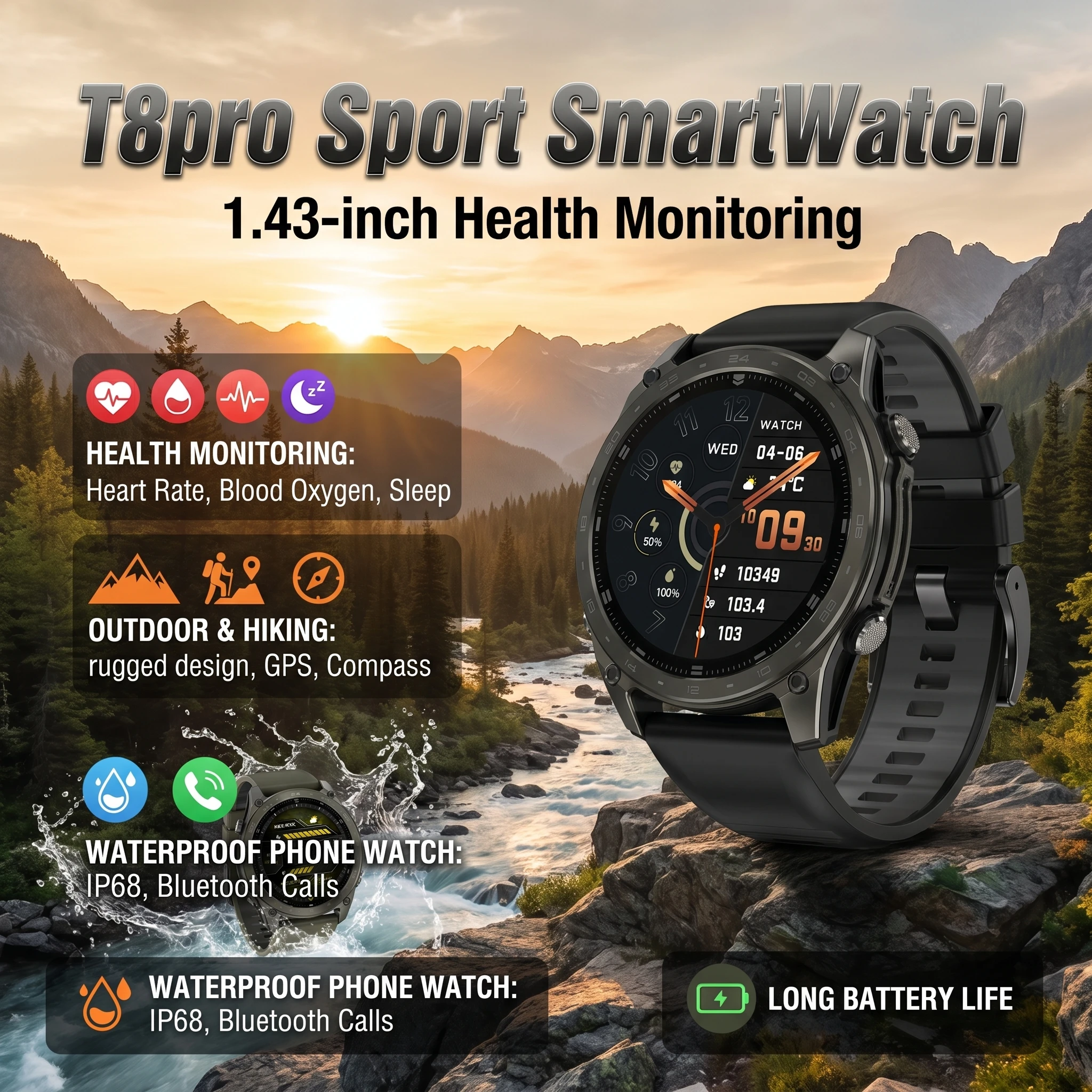 T8Pro Smart Watch 1.43inch AMOLED Screen Bluetooth Call Men Sport Fitness Tracker Waterproof Outdoor Hiking Smartwatch
T8Pro Smart Watch 1.43inch AMOLED Screen Bluetooth Call Men Sport Fitness Tracker Waterproof Outdoor Hiking Smartwatch