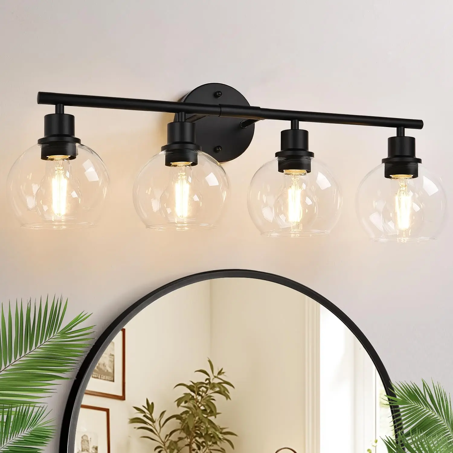 4-Light Bathroom Vanity Light, Black with Clear Glass Globes, Reversible Mount
4-Light Bathroom Vanity Light, Black with Clear Glass Globes, Reversible Mount