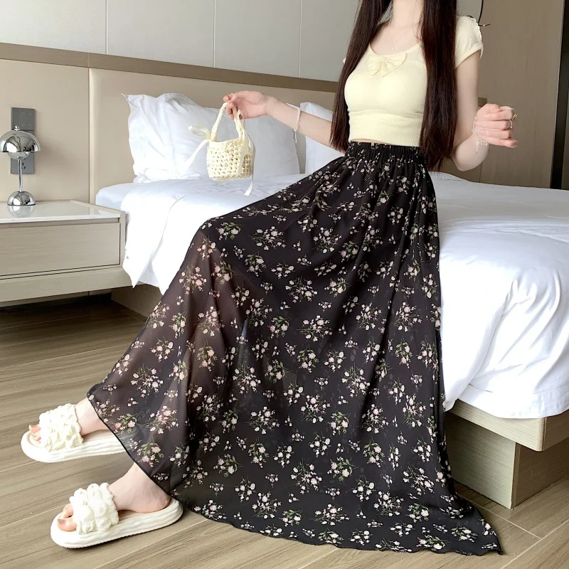 Elegant High Waist A-Line Skirt Black Floral Print Chiffon Women's Loose Fit Midi Skirt Draped Skirt Polyester Fiber Printed
Elegant High Waist A-Line Skirt Black Floral Print Chiffon Women's Loose Fit Midi Skirt Draped Skirt Polyester Fiber Printed