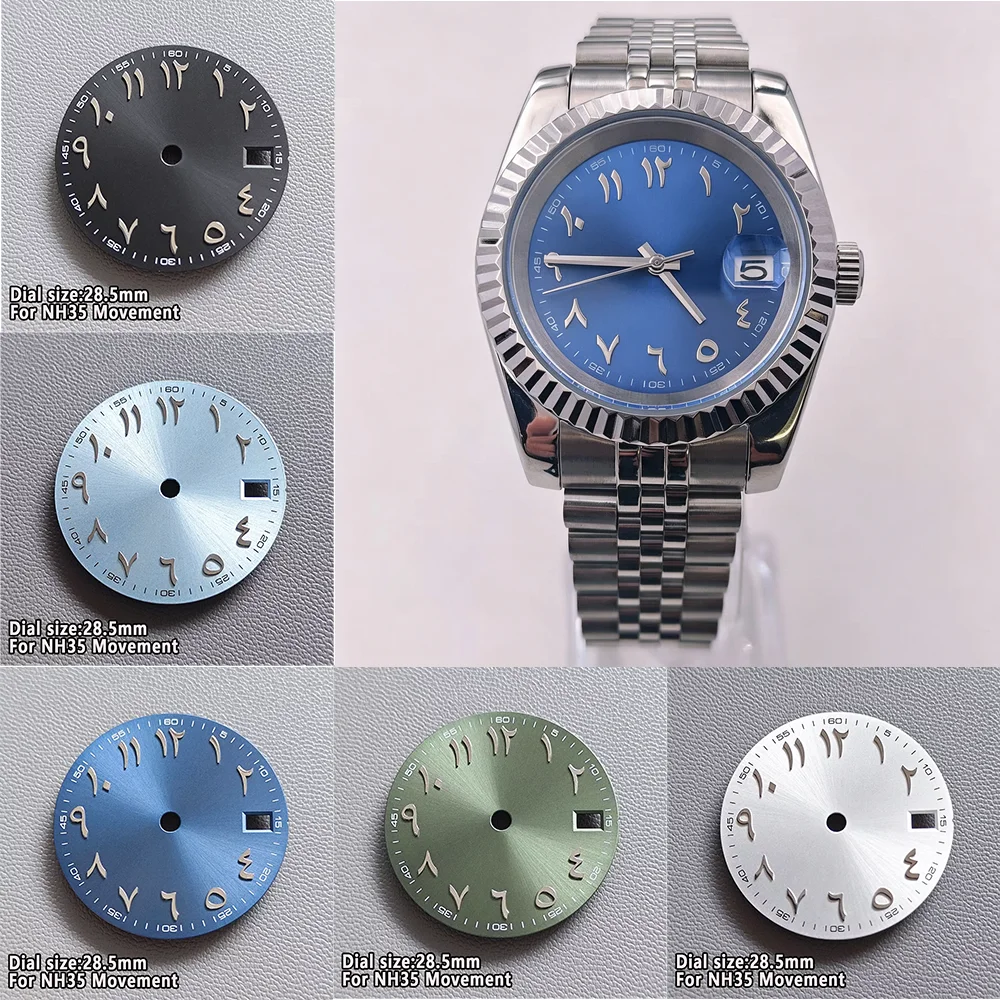 NH35 Dial 28.5mm High-End Arabic Scale Dial Military Green Ice Blue Date Display With Silver Scale Men's Watch Replacement Parts
NH35 Dial 28.5mm High-End Arabic Scale Dial Military Green Ice Blue Date Display With Silver Scale Men's Watch Replacement Parts