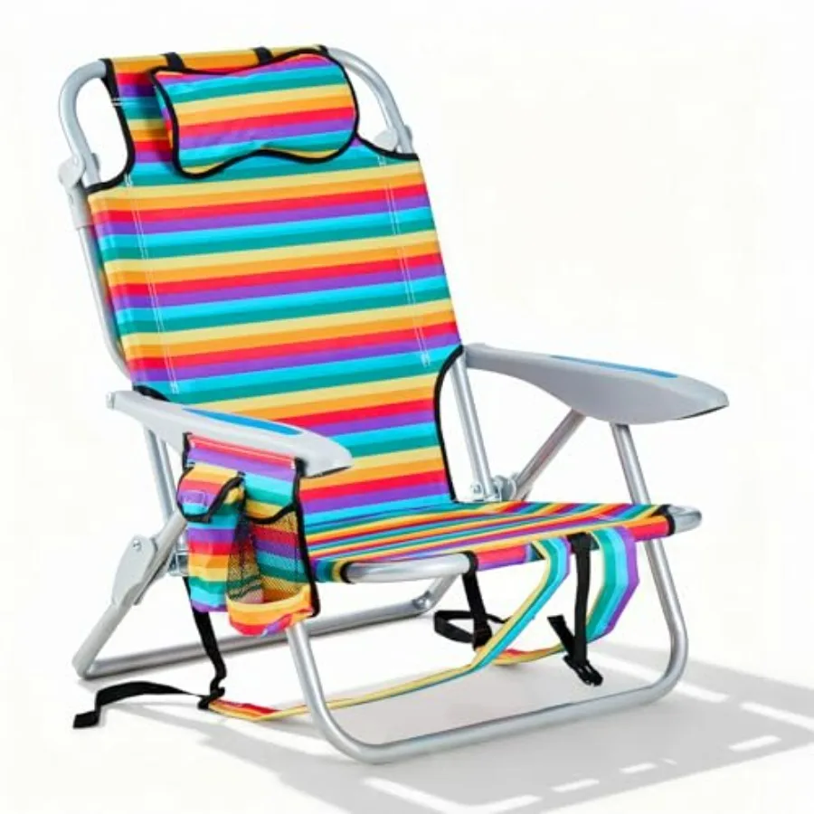 Portable beach chair for adults: polyester fabric, rainbow striped, 5-position reclining with headrest and cup holder for outdo
Portable beach chair for adults: polyester fabric, rainbow striped, 5-position reclining with headrest and cup holder for outdo
