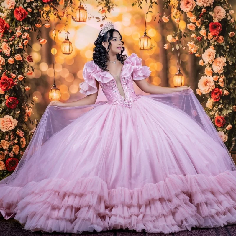 Pink Quinceanera Dresses Off the Shoulder Glitter Decal Lace Ruffle Flower Long tail Bow Vestido De 15 Quinceanera Customize
Pink Quinceanera Dresses Off the Shoulder Glitter Decal Lace Ruffle Flower Long tail Bow Vestido De 15 Quinceanera Customize