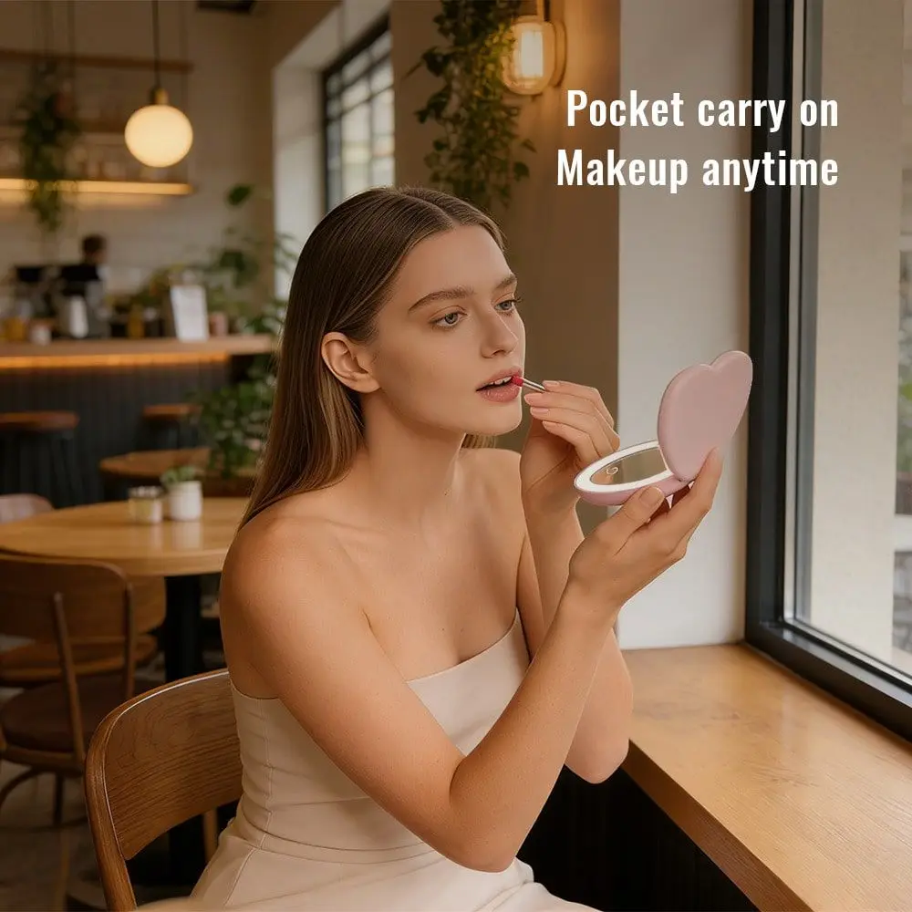 HeartShaped LED Compact Travel Makeup Mirror 4 1X 10X Magnification, Glass ABS, USB Rechargeable, 3Color Lights, Stepless Dimmi
HeartShaped LED Compact Travel Makeup Mirror 4 1X 10X Magnification, Glass ABS, USB Rechargeable, 3Color Lights, Stepless Dimmi