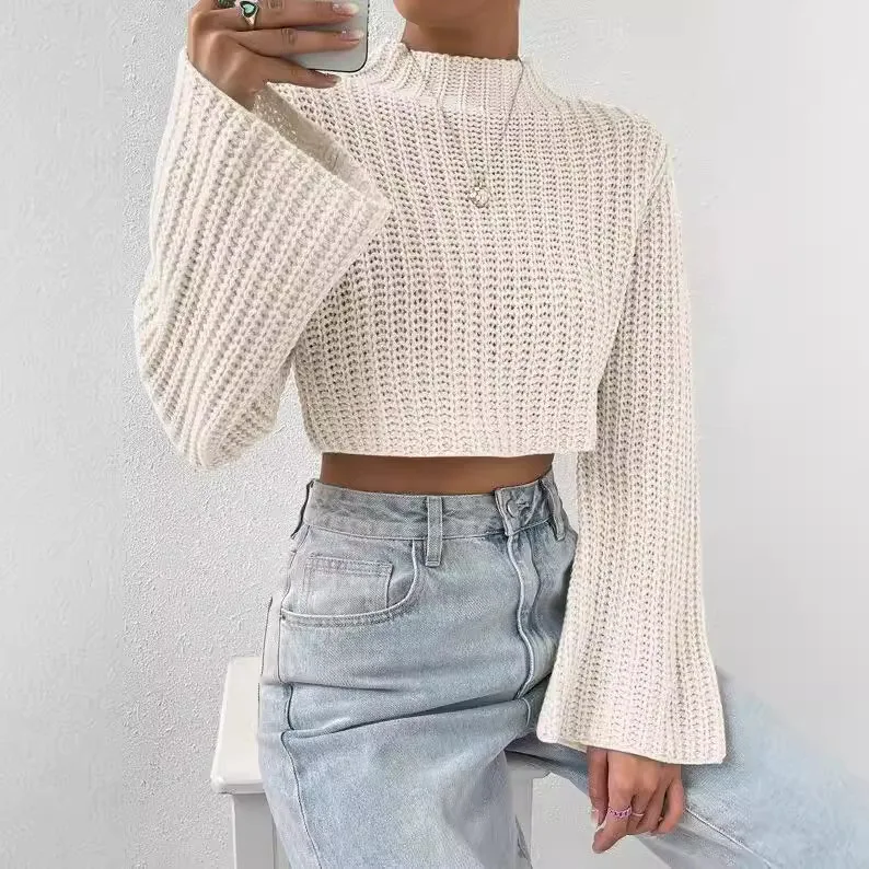 High Waist Pullovers Autumn and Winter Solid Colour Short Flare Sleeve Mock Neck Pullover Jumpers for Women Knitted Warm Tops
High Waist Pullovers Autumn and Winter Solid Colour Short Flare Sleeve Mock Neck Pullover Jumpers for Women Knitted Warm Tops