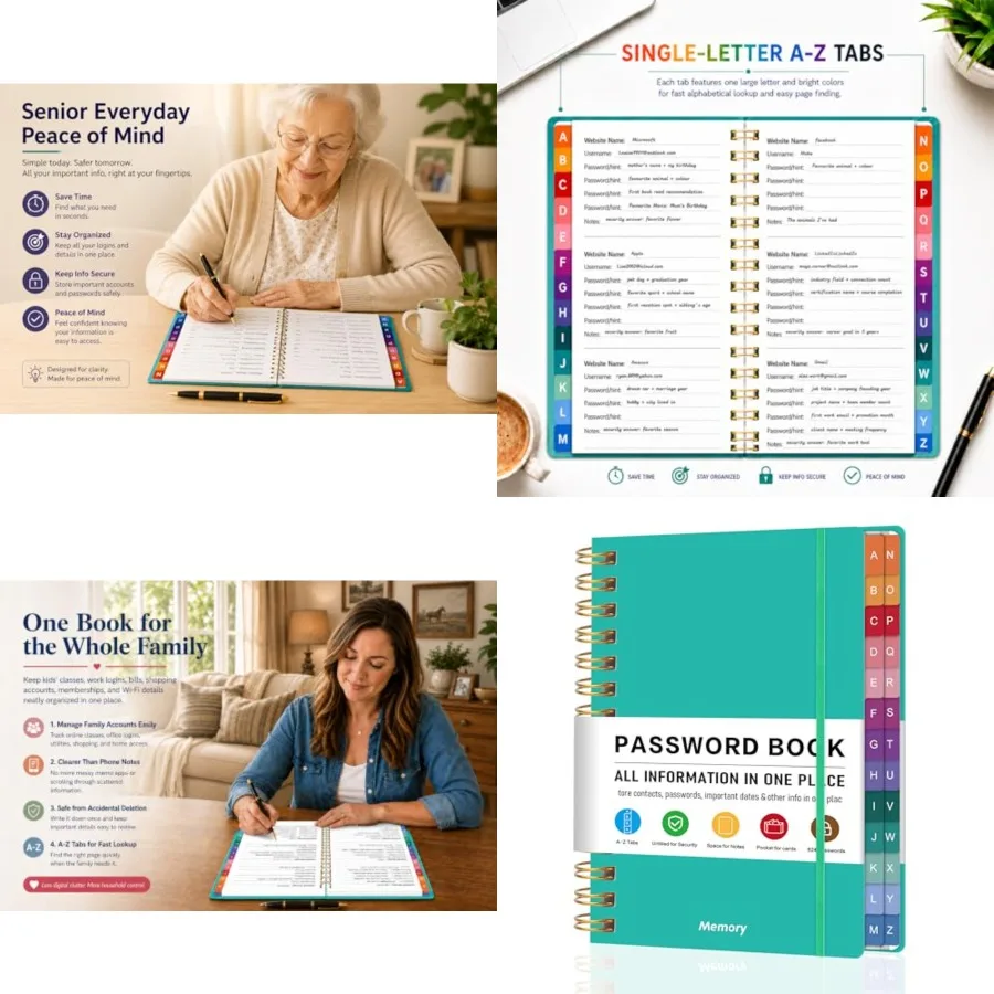 Spiral Password Book with Alphabetical Tabs, Hardcover Large Print Password Book for Seniors- 6 X 8.2 Small Password Keeper Boo
Spiral Password Book with Alphabetical Tabs, Hardcover Large Print Password Book for Seniors- 6 X 8.2 Small Password Keeper Boo