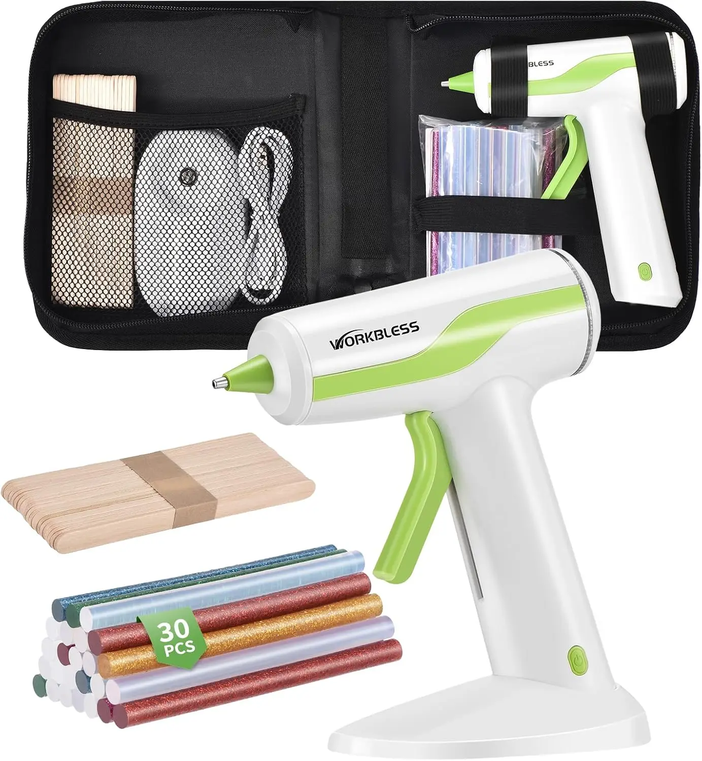 30PCS Cordless Hot Glue Gun Set, 2Ah Rechargeable Battery, Smart Auto Shut-Off, with Case & Wood Sticks for DIY Crafts
30PCS Cordless Hot Glue Gun Set, 2Ah Rechargeable Battery, Smart Auto Shut-Off, with Case & Wood Sticks for DIY Crafts