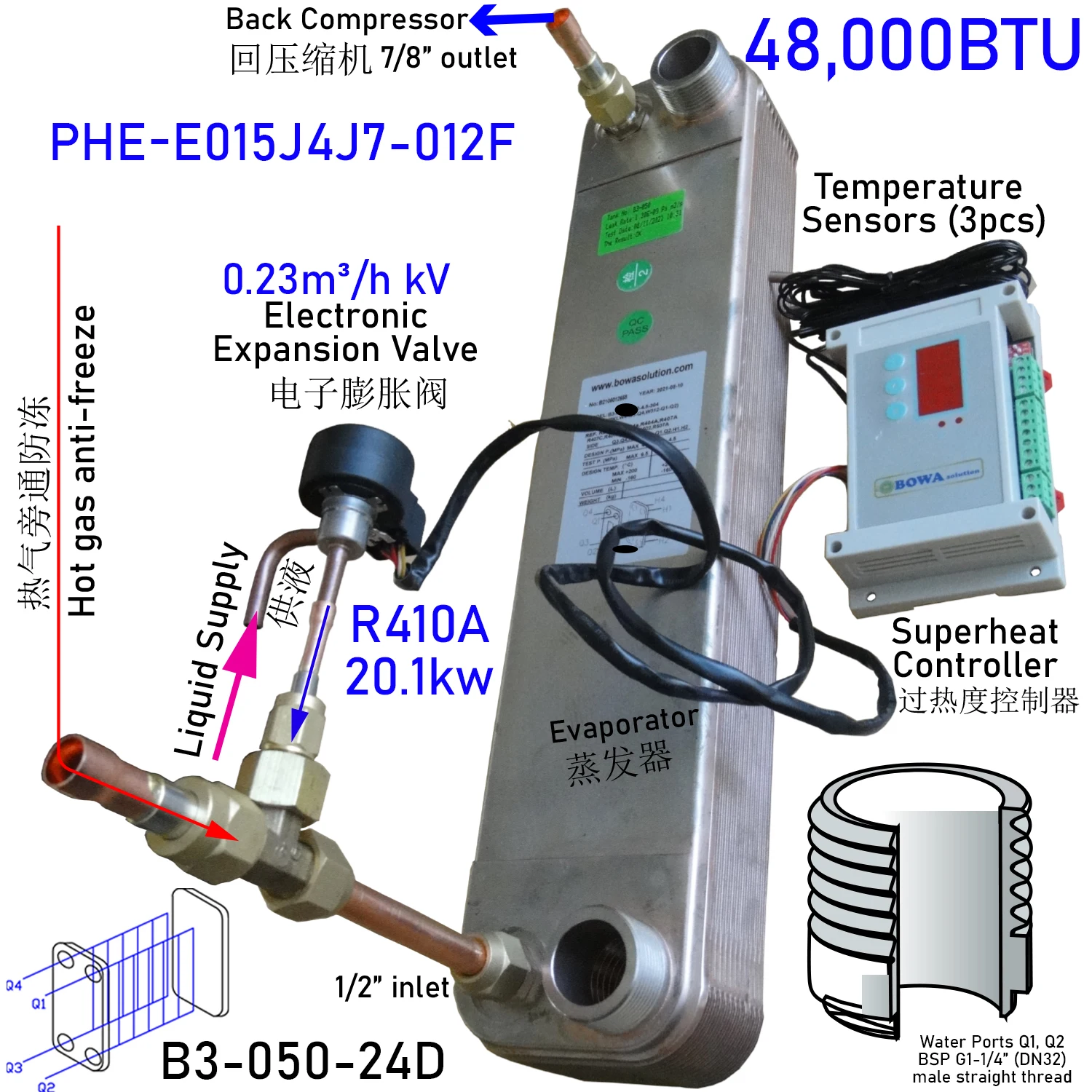 48,000BTU Stainless Steel PHE Evaporator Complete is used to rebuild household air conditioner into water chiller
48,000BTU Stainless Steel PHE Evaporator Complete is used to rebuild household air conditioner into water chiller