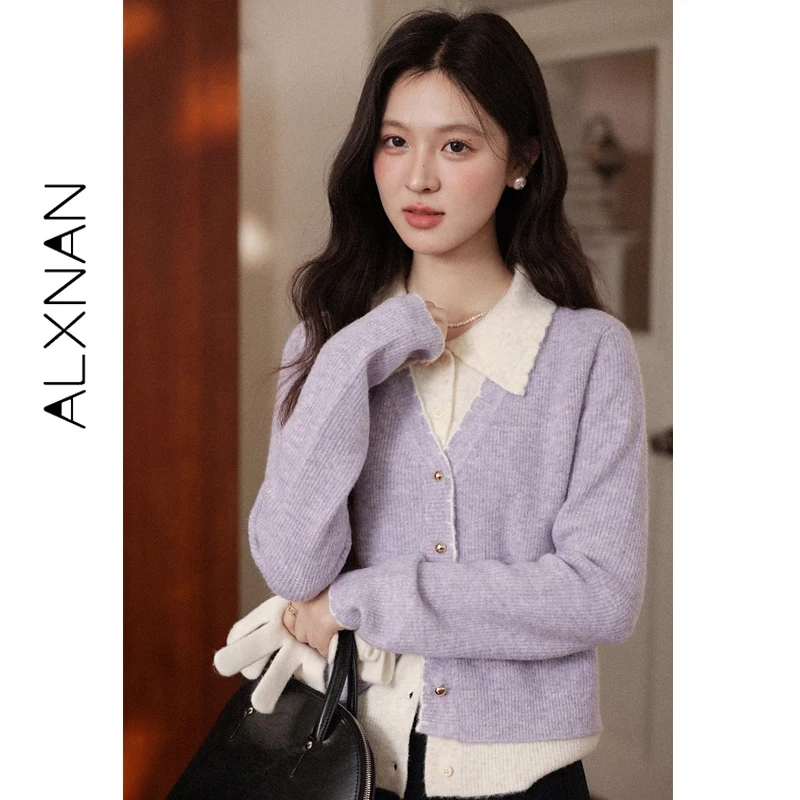 ALXNAN Women's Cardigan Autumn Winter Warm Purple Fake Two-Piece Color Block Patchwork Knit Sweater Long Sleeve Tops L58902
ALXNAN Women's Cardigan Autumn Winter Warm Purple Fake Two-Piece Color Block Patchwork Knit Sweater Long Sleeve Tops L58902