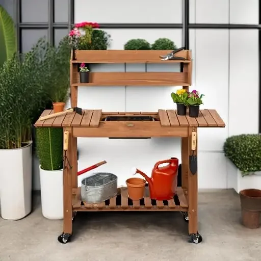 Mobile Garden Potting Bench, Outdoor Wood Workstation Table w/Sliding Tabletop, 4 Locking Wheels, Food Grade Dry Sink, Brown
Mobile Garden Potting Bench, Outdoor Wood Workstation Table w/Sliding Tabletop, 4 Locking Wheels, Food Grade Dry Sink, Brown