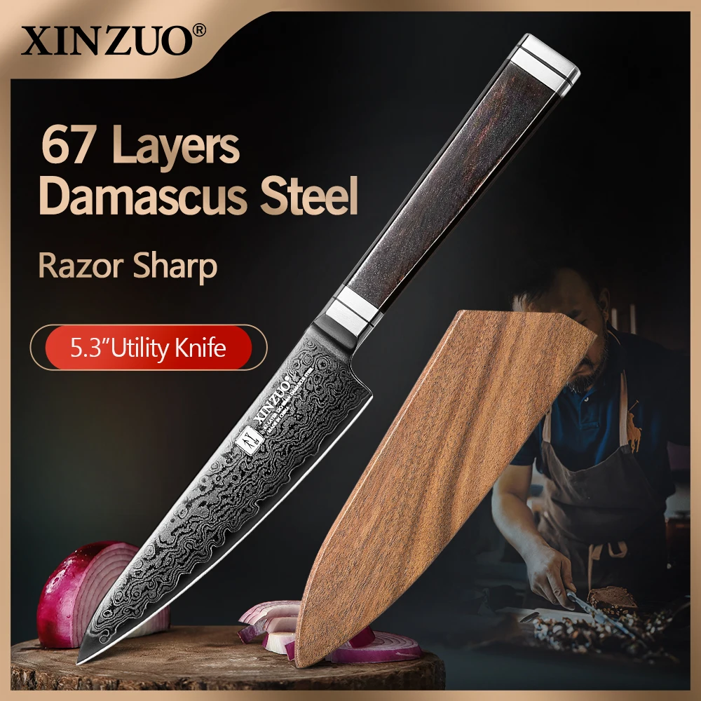 XINZUO 5.31 Inches Choice Damascus Steel Utility Knife 67 Layers Steel Ebony Wood Black G10 Handle Anti-Rust Exquisite Gift Box
XINZUO 5.31 Inches Choice Damascus Steel Utility Knife 67 Layers Steel Ebony Wood Black G10 Handle Anti-Rust Exquisite Gift Box