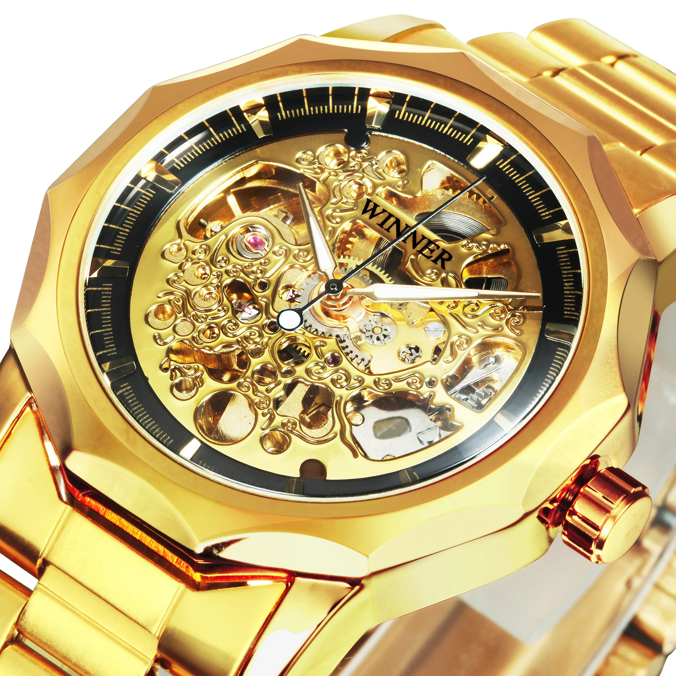 Мужские автоматические часы WINNER Luxury Gold Skeleton с люминесцентными стрелками, механические часы Royal Irregular, ремешок из нержавеющей стали
Мужские автоматические часы WINNER Luxury Gold Skeleton с люминесцентными стрелками, механические часы Royal Irregular, ремешок из нержавеющей стали