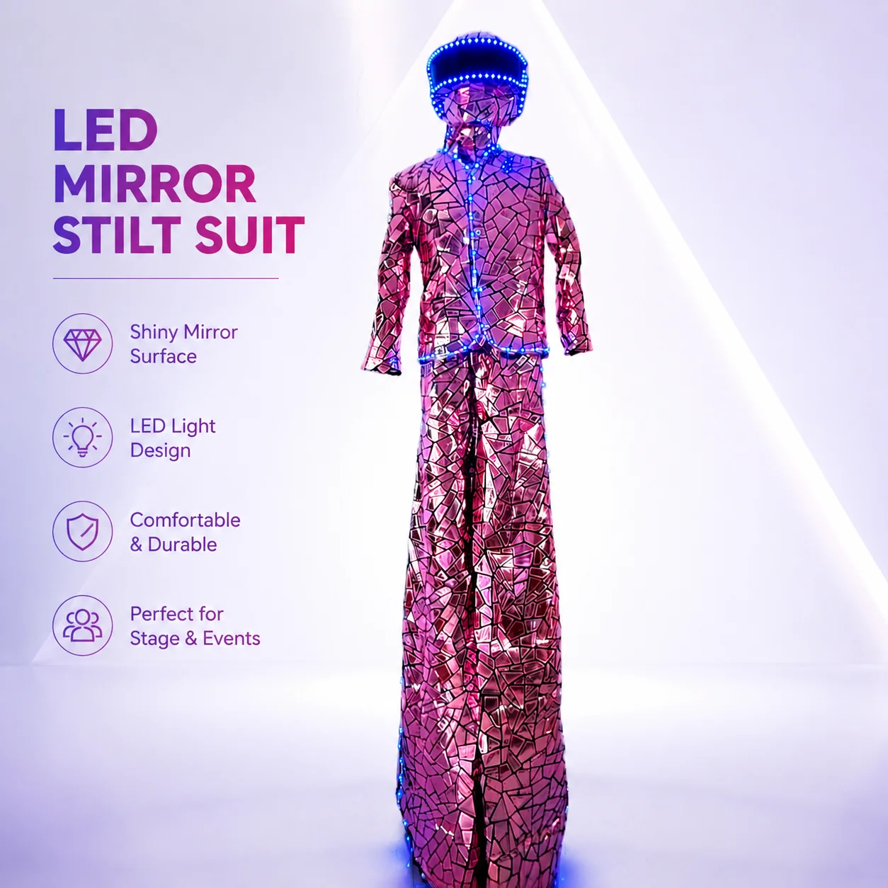 LED Stilt Walker Robot Costume with Color Changing Lights Mirror Sequin Fabric Stage Performance Outfit LED Dance Robot Suit
LED Stilt Walker Robot Costume with Color Changing Lights Mirror Sequin Fabric Stage Performance Outfit LED Dance Robot Suit
