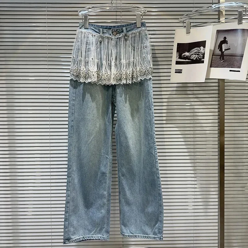 Women's Fashion Pearl Bead Mesh Patchwork Denim Pants Spring New Arrival Female Long Wide Leg Jeans Trendy
Women's Fashion Pearl Bead Mesh Patchwork Denim Pants Spring New Arrival Female Long Wide Leg Jeans Trendy