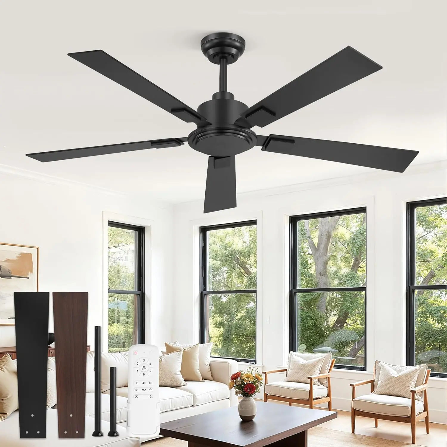 52-Inch Black Ceiling Fan Without Light, Remote Control Included, Quiet Reversible DC Motor, 6 Speeds, Modern Design for Living Room, Bedroom, Patio, Indoor/Outdoor Use
52-Inch Black Ceiling Fan Without Light, Remote Control Included, Quiet Reversible DC Motor, 6 Speeds, Modern Design for Living Room, Bedroom, Patio, Indoor/Outdoor Use