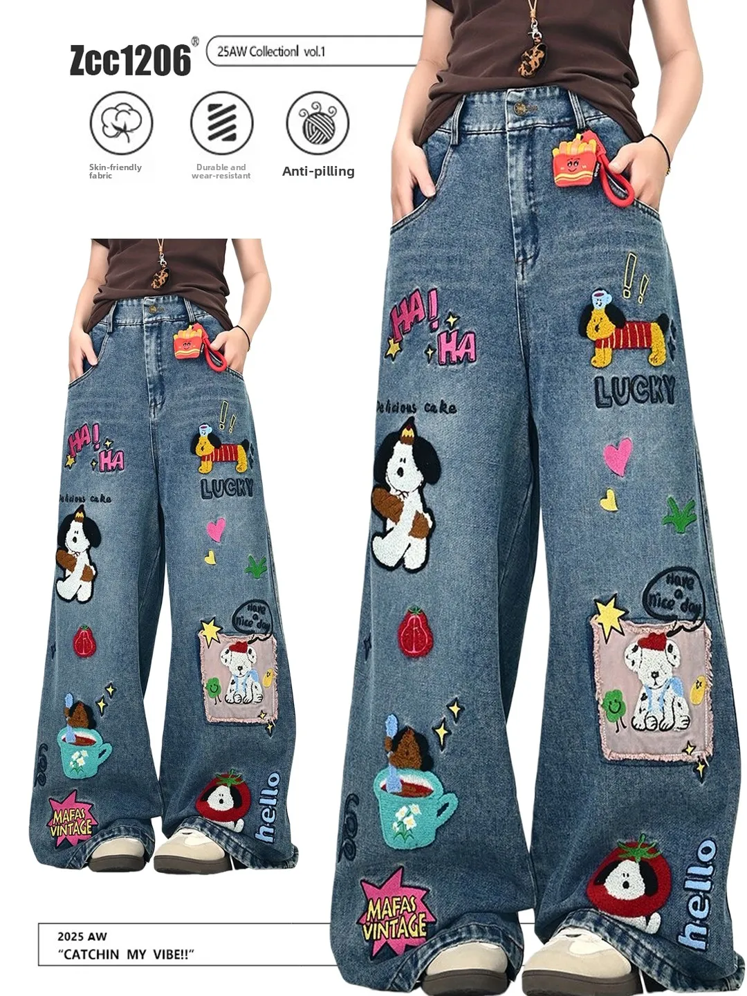 American Style Graffiti Dog Embroidery Patchwork Wide Leg Jeans Women's Casual Trousers Autumn Winter Loose Fit Floor Length
American Style Graffiti Dog Embroidery Patchwork Wide Leg Jeans Women's Casual Trousers Autumn Winter Loose Fit Floor Length