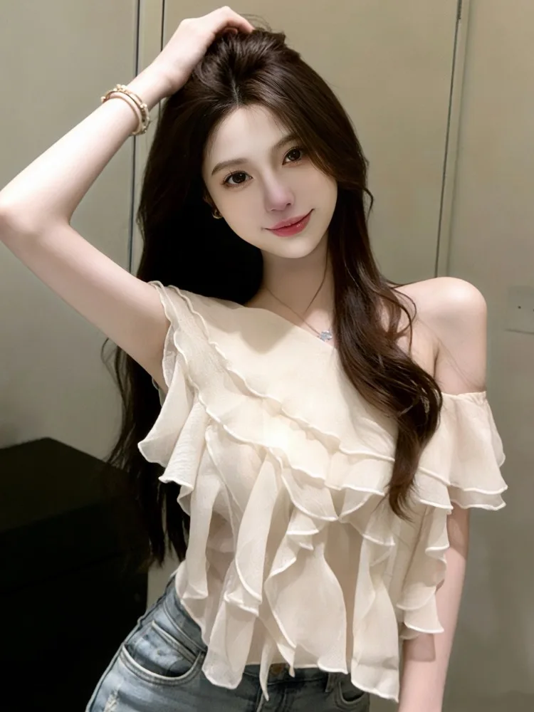 Sweet Style Shoulder Bared Patchwork Short Shirt Women's Spring Summer Asymmetrical Hemline Side Collar Design Casual Top
Sweet Style Shoulder Bared Patchwork Short Shirt Women's Spring Summer Asymmetrical Hemline Side Collar Design Casual Top