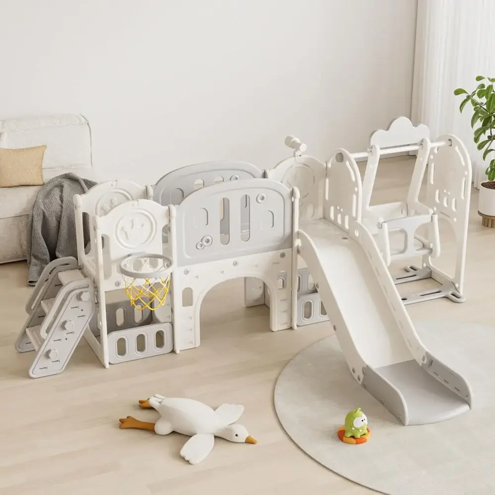 All-in-One Outdoor Playset with Slide, Swing, and Basketball for Toddlers (Grey+White)
All-in-One Outdoor Playset with Slide, Swing, and Basketball for Toddlers (Grey+White)