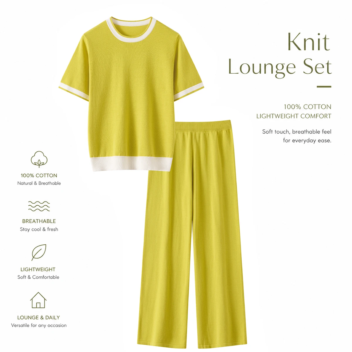 Women Contrast Trim Short Sleeve Top and Wide Leg Pants Matching Set 100% Cotton Fine Gauge Lounge Wear Set Co Ord Set Sweater
Women Contrast Trim Short Sleeve Top and Wide Leg Pants Matching Set 100% Cotton Fine Gauge Lounge Wear Set Co Ord Set Sweater