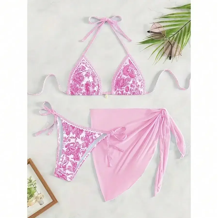 Womens 3 Piece Floral Print Halter Triangle Bikini With Sheer Wrap Sarong Cover Up
Womens 3 Piece Floral Print Halter Triangle Bikini With Sheer Wrap Sarong Cover Up