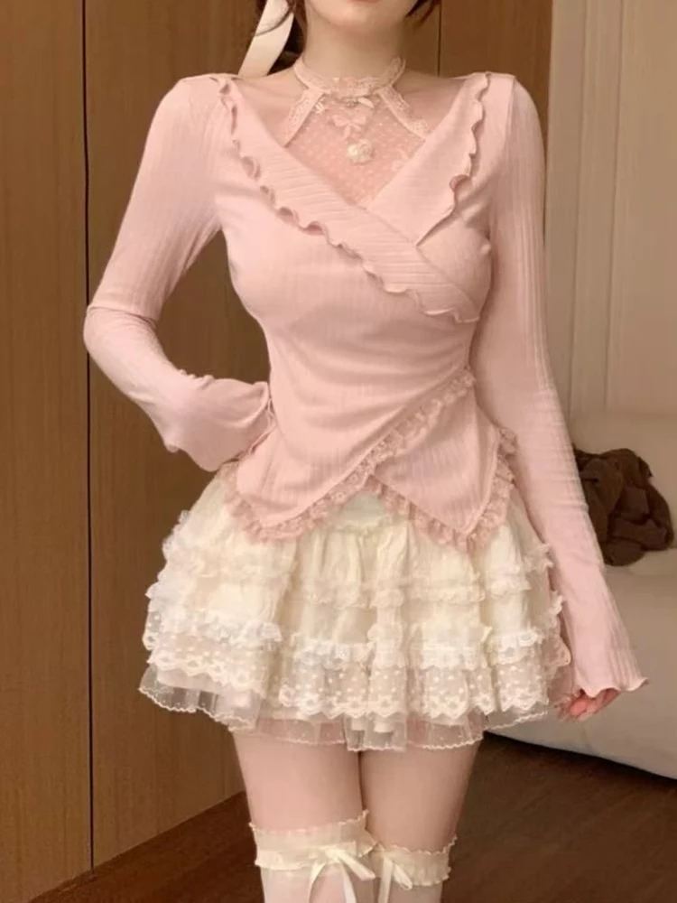 Sweet Pure Desire Style Long Sleeve Irregular Lace Top And Half Skirt Set Spring Autumn Two Piece Set Wooden Ear Trim
Sweet Pure Desire Style Long Sleeve Irregular Lace Top And Half Skirt Set Spring Autumn Two Piece Set Wooden Ear Trim